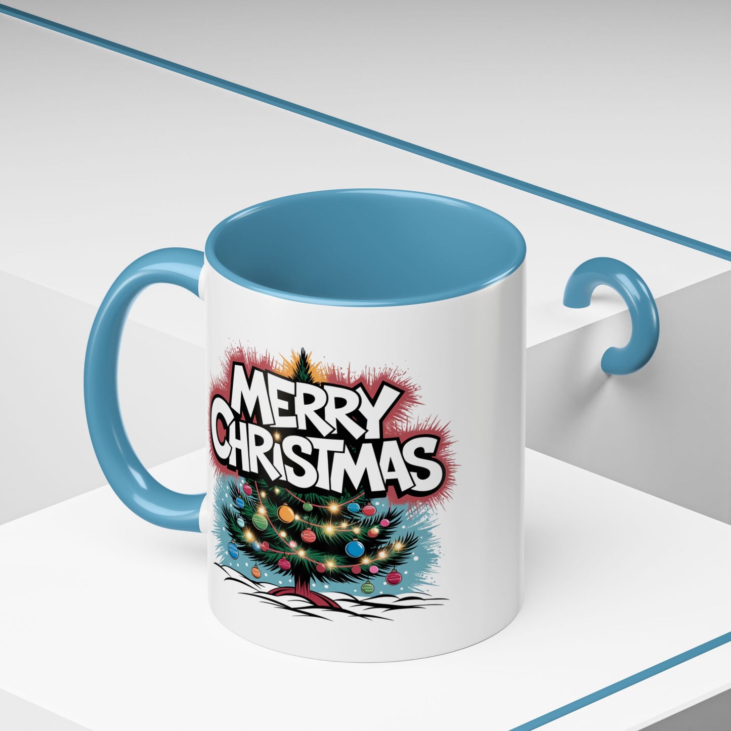 Christmas Mug - Merry Christmas White & Red Text Tree Lights