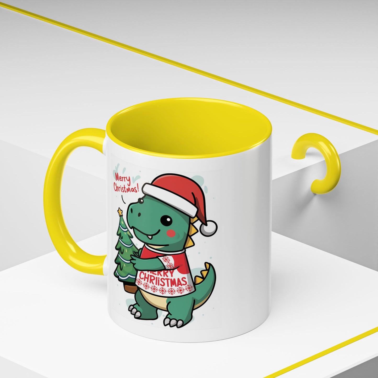 Christmas Mug - Merry Christmas Red Text Dinosaur Tree