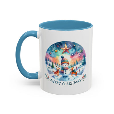 Christmas Mug - Merry Christmas Blue Text Snowman Star Reindeer