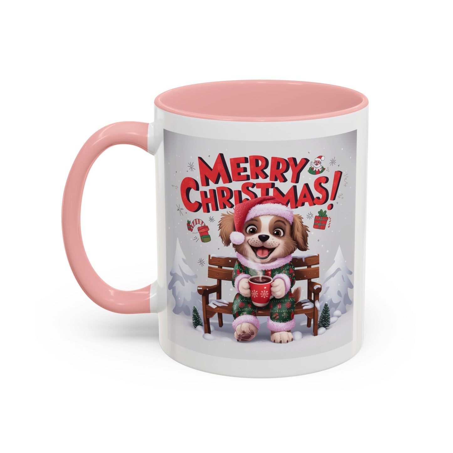 Christmas Mug - Merry Christmas Red Text Puppy Green & Red Top