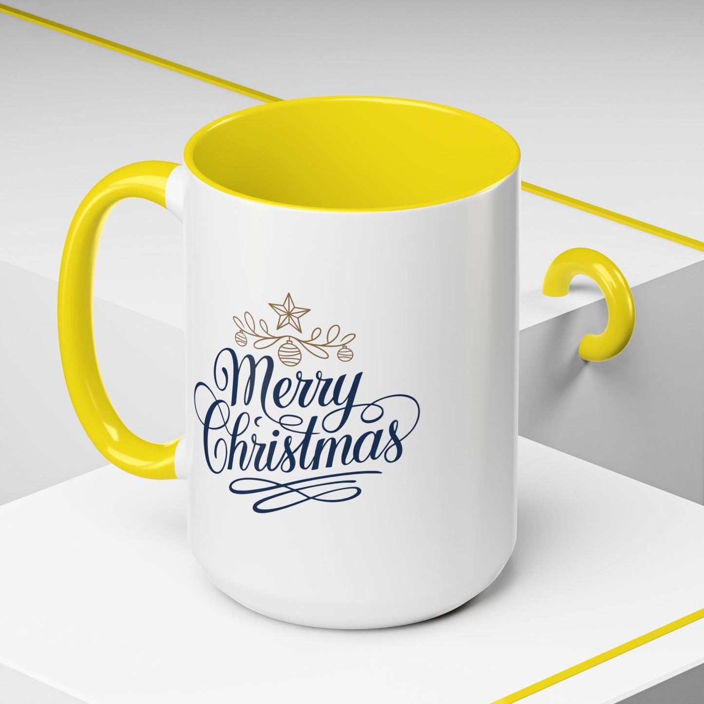 Christmas Mug - Merry Christmas Blue Text Gold Ornaments