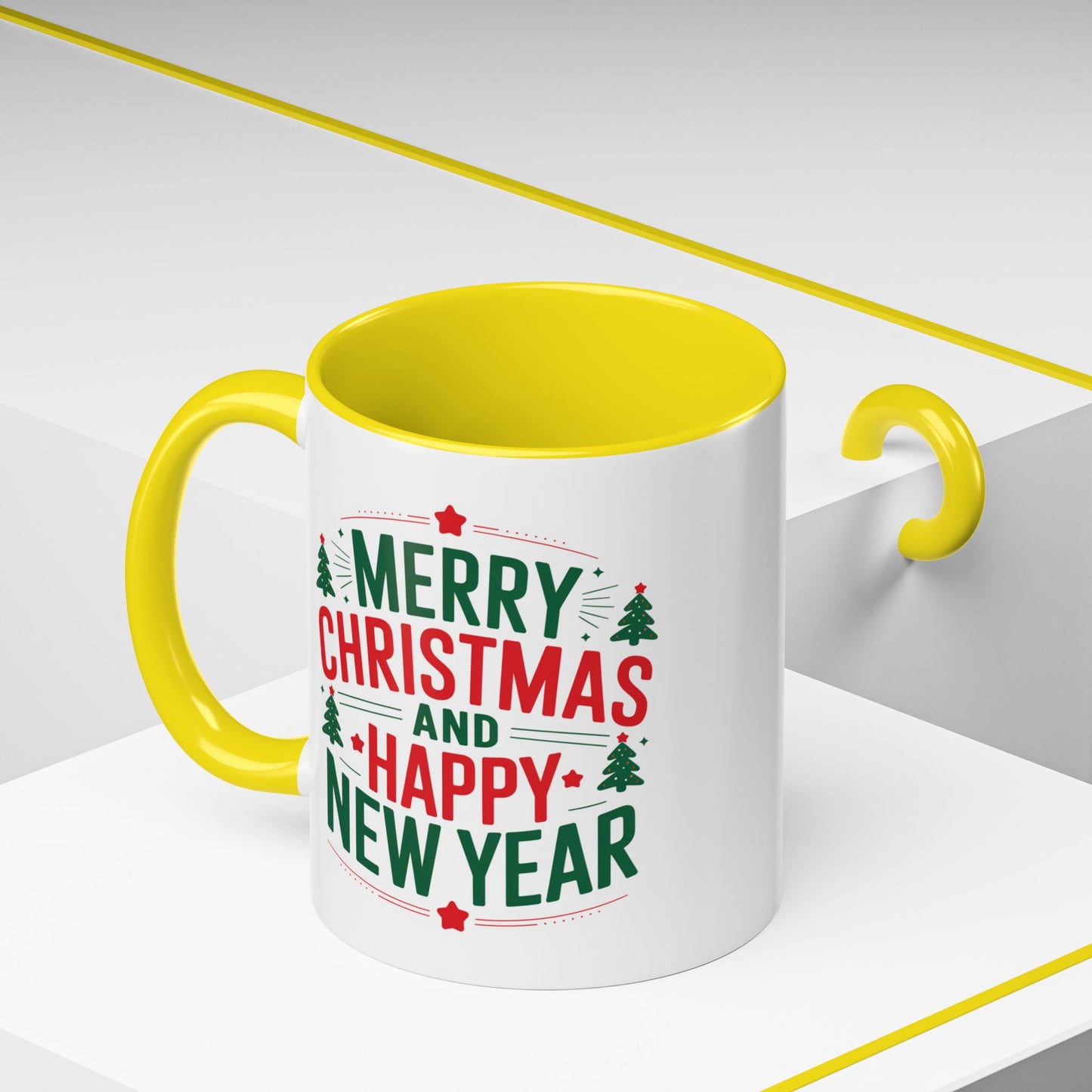 Christmas Mug - Merry Christmas and a Happy New Year Green & Red Text Trees Stars