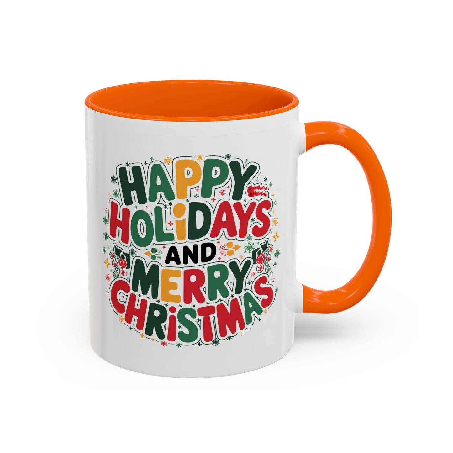 Christmas Mug - Happy Holidays and Merry Christmas Blue Green Yellow Red Text
