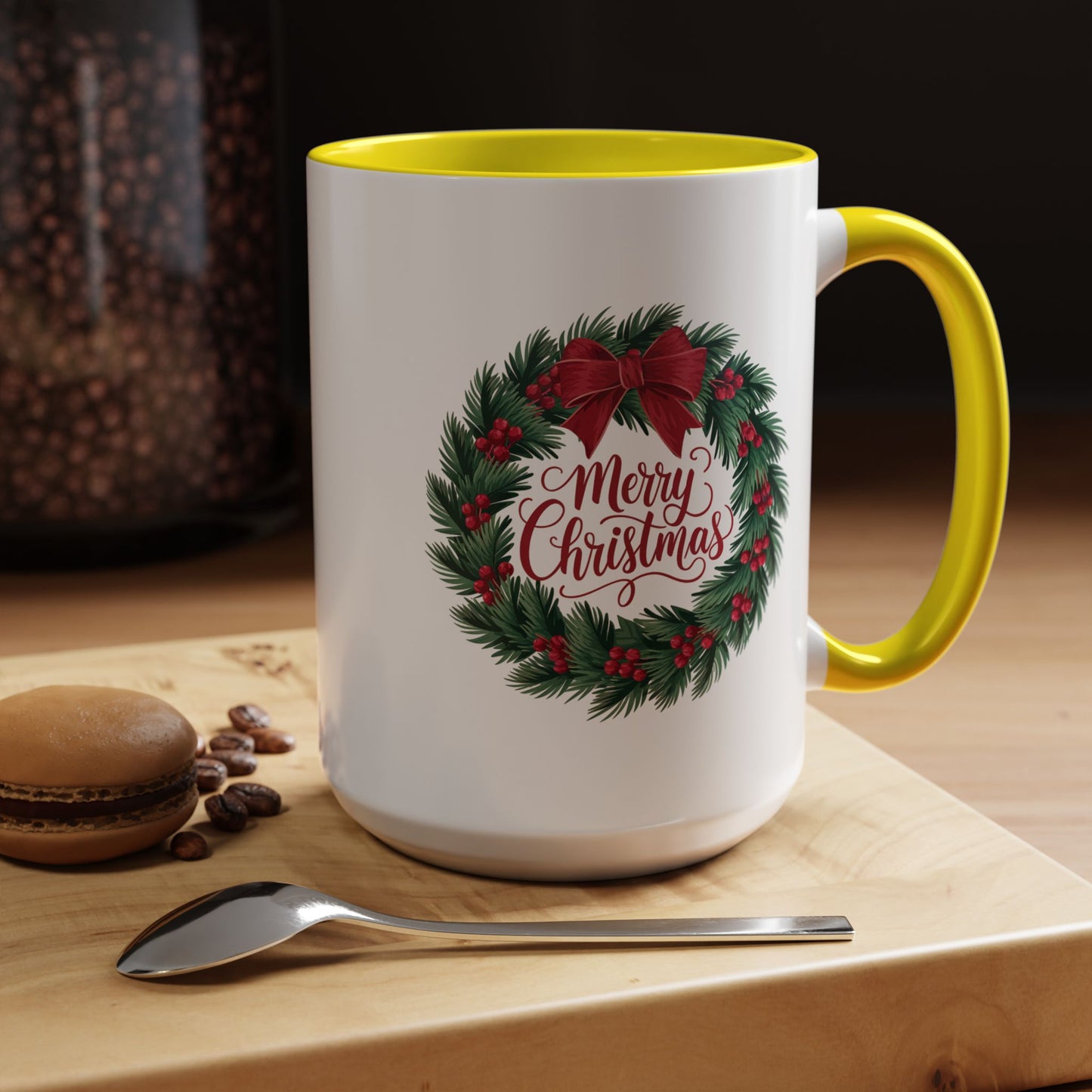 Christmas Mug - Merry Christmas Red Text Bow Wreath