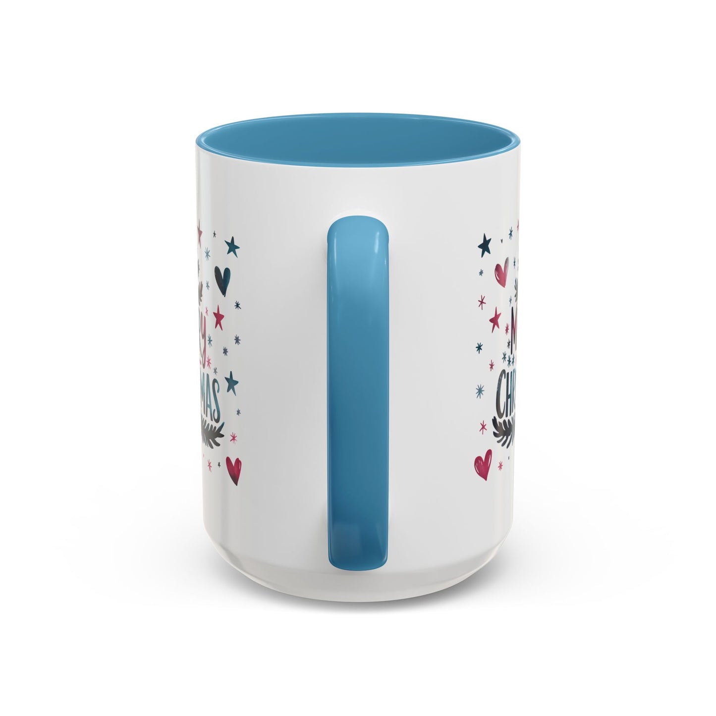 Christmas Mug - Merry Christmas Maroon & Blue Text Tree Hearts Stars
