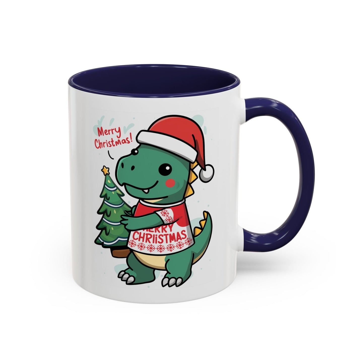 Christmas Mug - Merry Christmas Red Text Dinosaur Tree