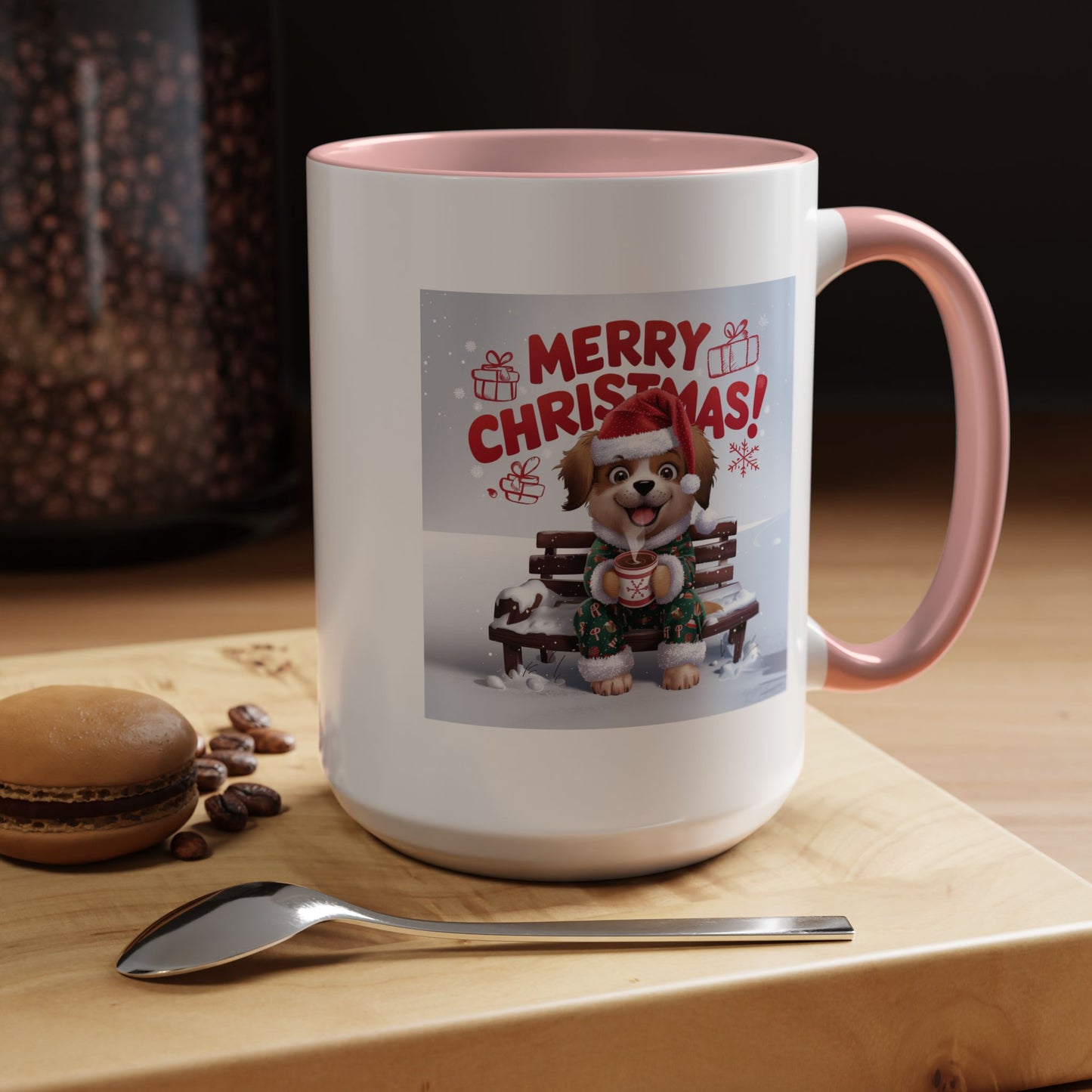 Christmas Mug - Merry Christmas Red Text Puppy Green Top 2