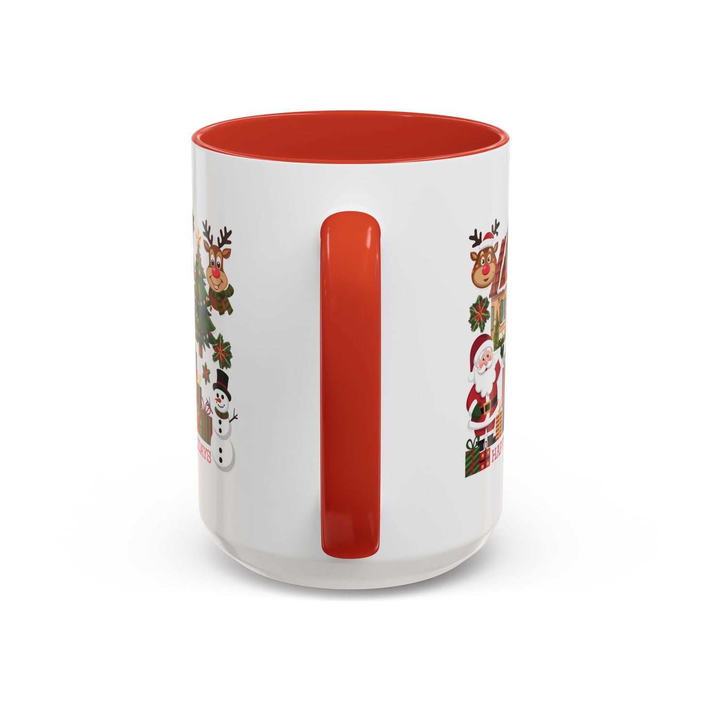 Christmas Mug - Happy Holidays Red Text Reindeer Santa Snowman Presents