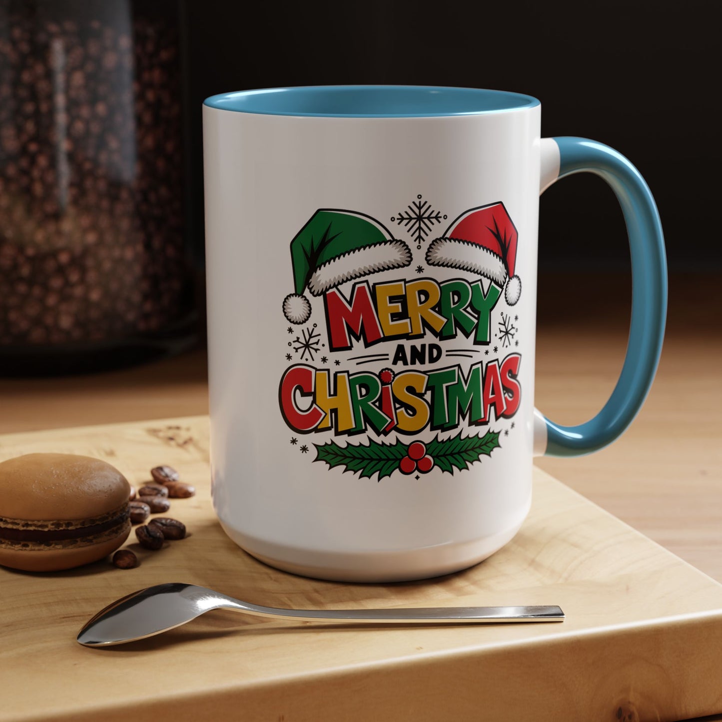 Christmas Mug - Merry Christmas Red Yellow & Green Text Green & Red Hat