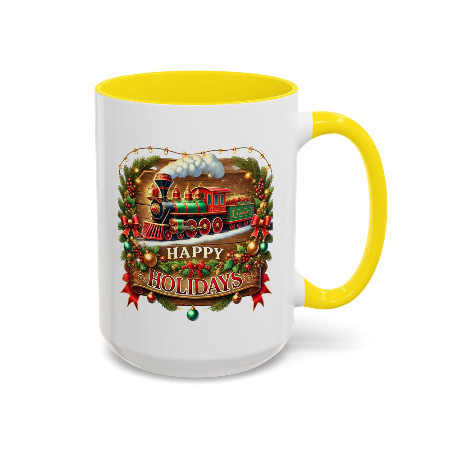 Christmas Mug - Happy Holidays White & Red Text Steam Locomotive