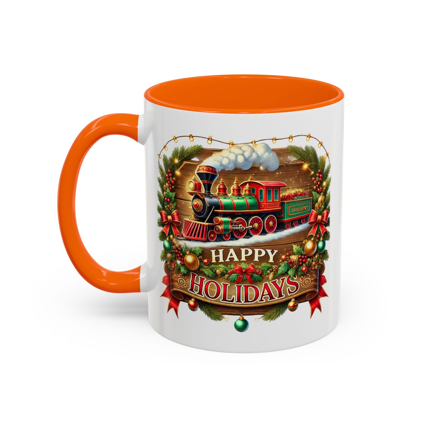 Christmas Mug - Happy Holidays White & Red Text Steam Locomotive