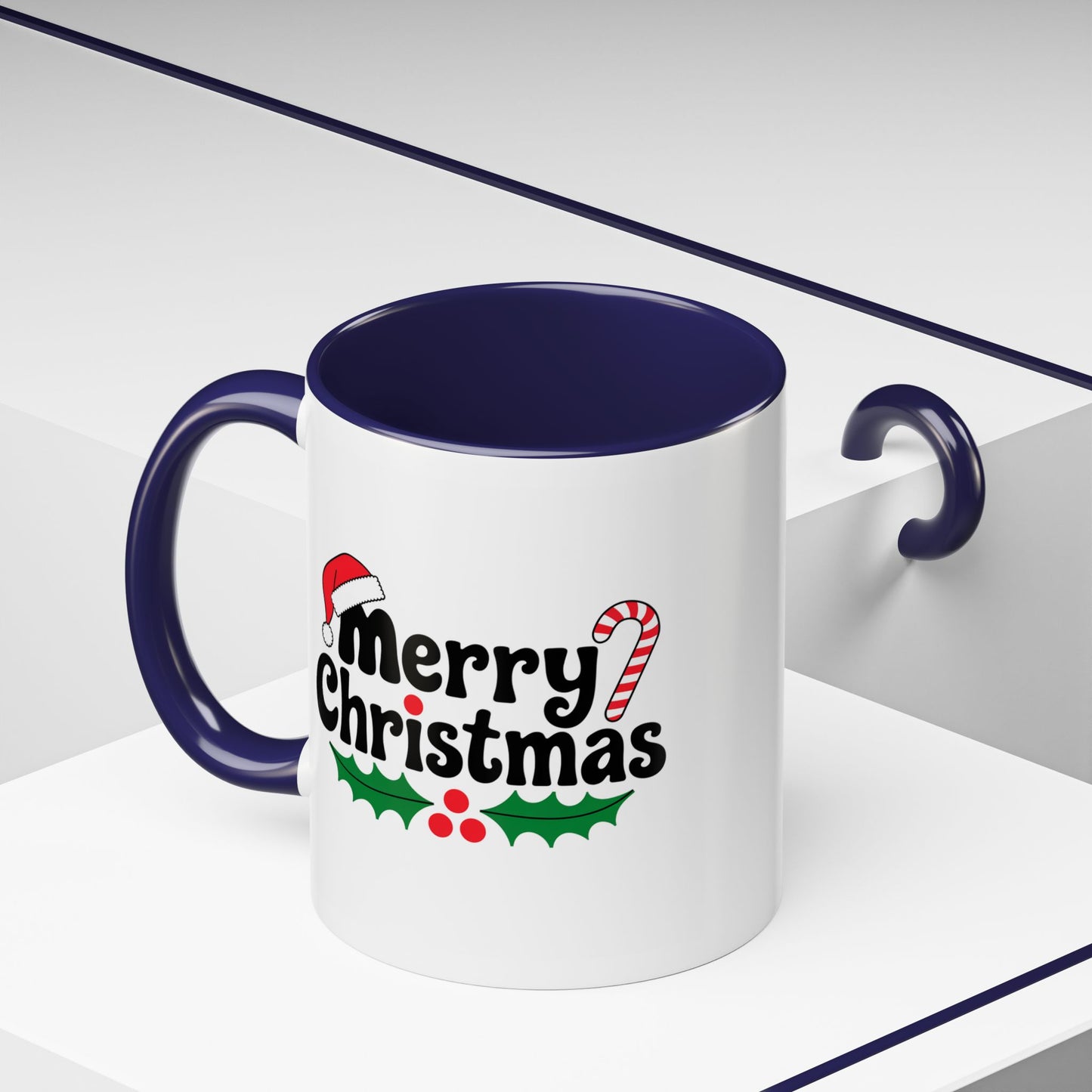 Christmas Mug - Merry Christmas Black Text Hat Cane Misletoe