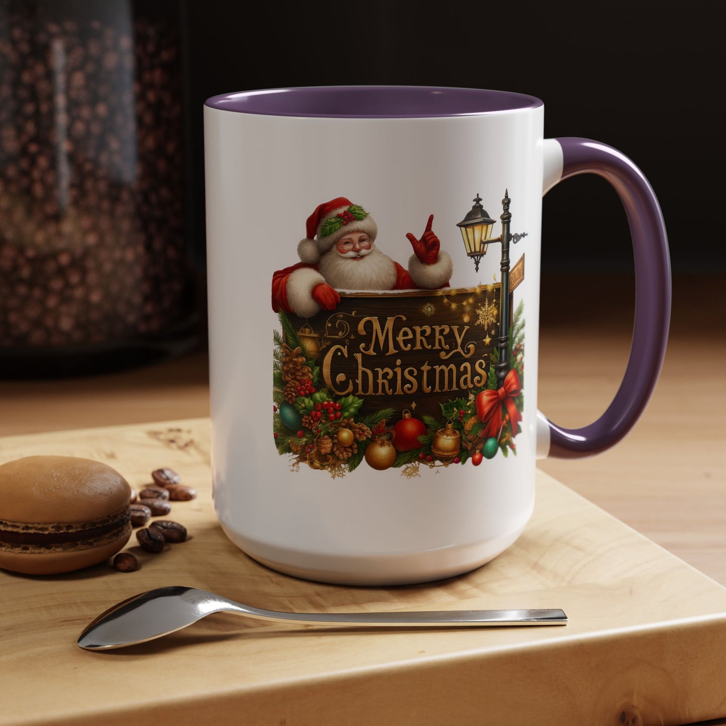 Christmas Mug - Merry Christmas Gold Text Santa Point Ornaments