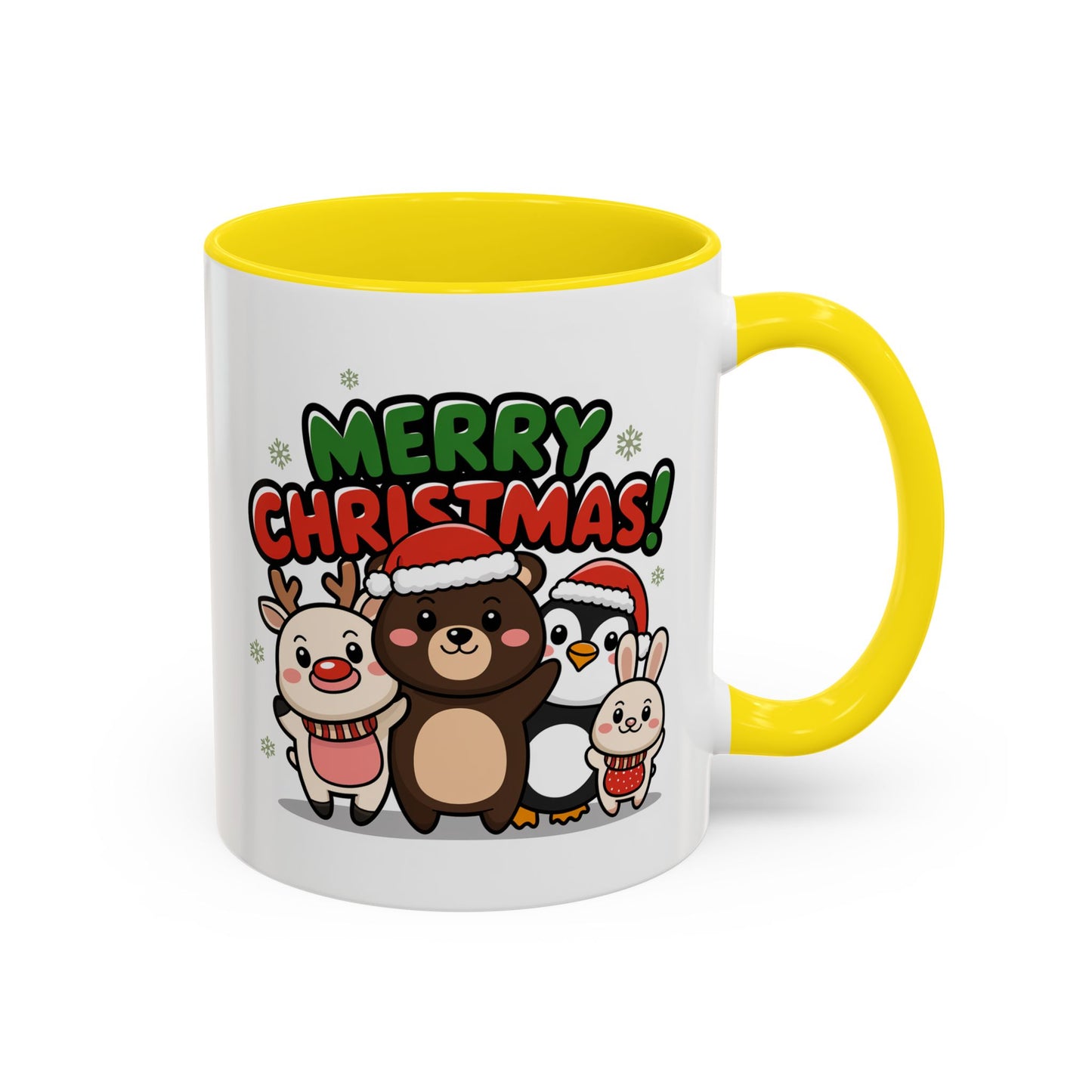 Christmas Mug - Merry Christmas Green & Red Text Cute Animals