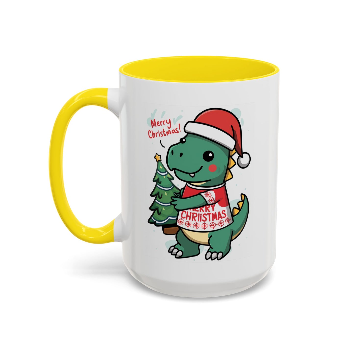Christmas Mug - Merry Christmas Red Text Dinosaur Tree