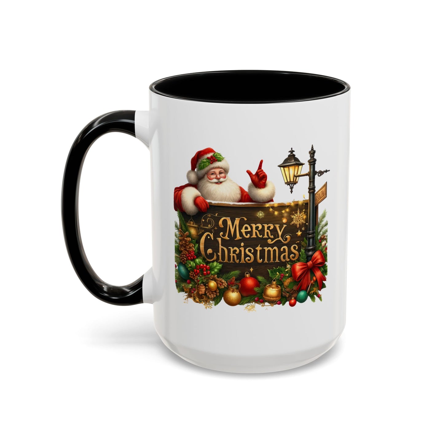 Christmas Mug - Merry Christmas Gold Text Santa Point Ornaments