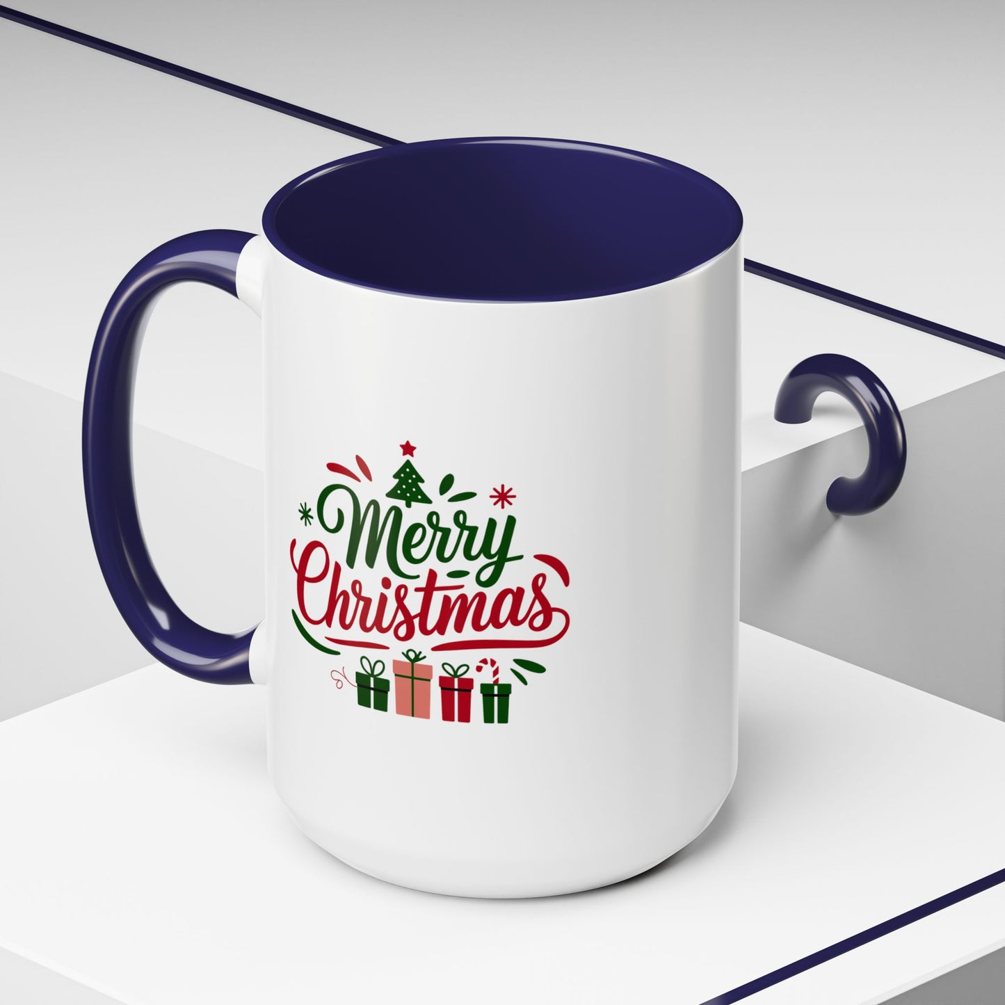 Christmas Mug - Merry Christmas Green & Red Text Tree Snowflakes Presents