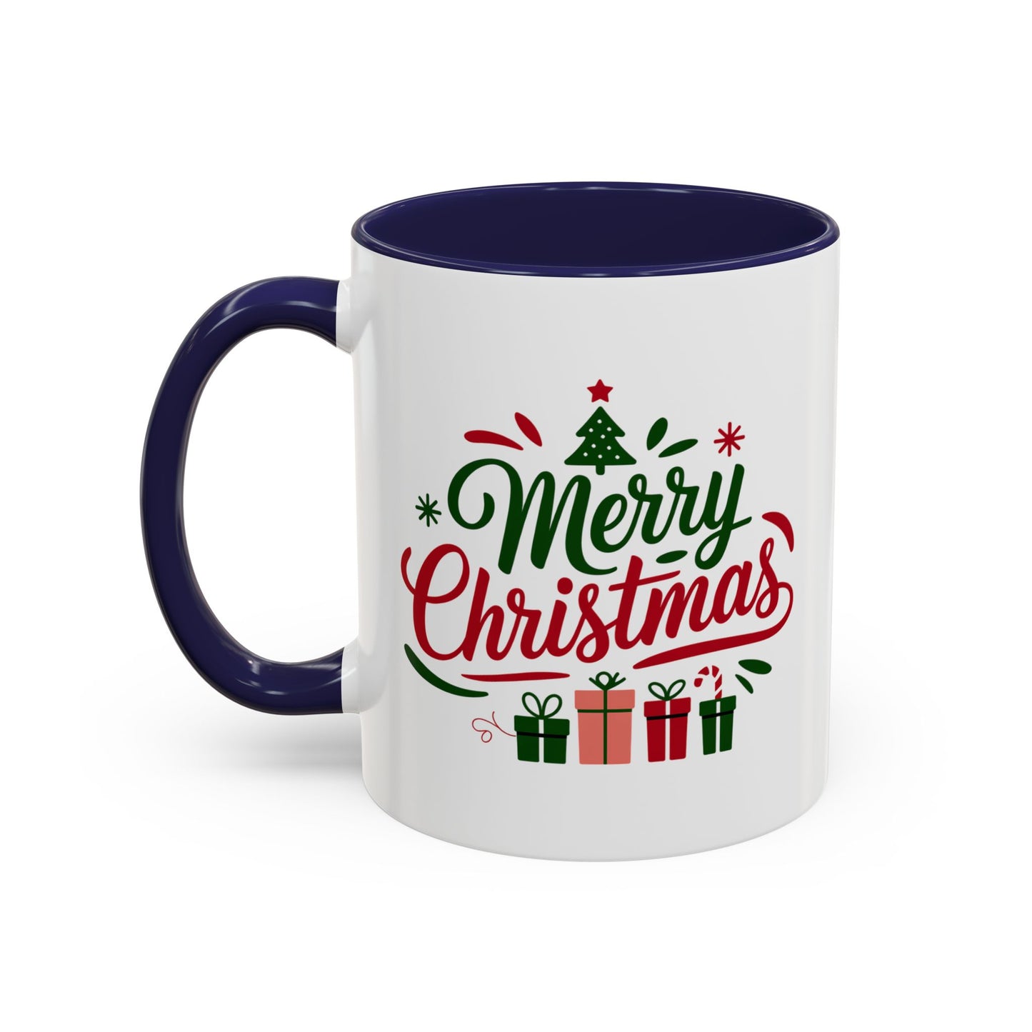 Christmas Mug - Merry Christmas Green & Red Text Tree Snowflakes Presents