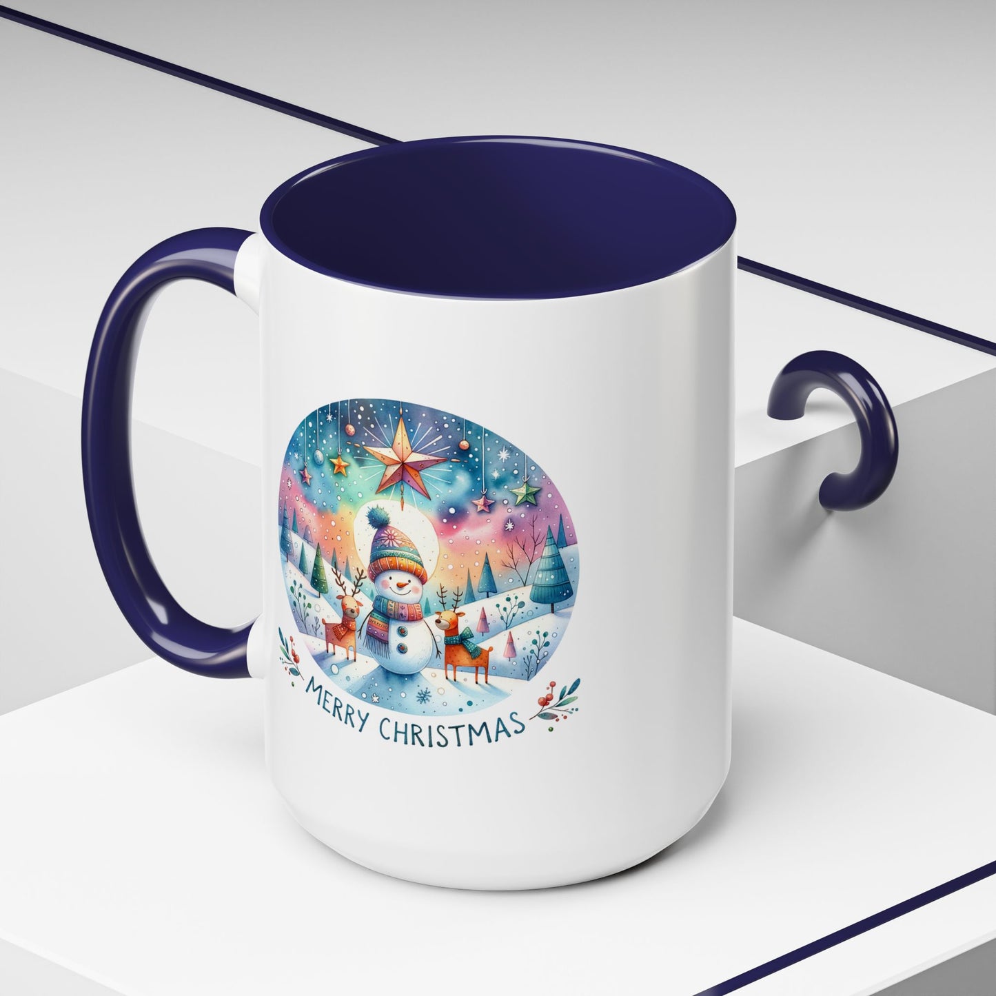 Christmas Mug - Merry Christmas Blue Text Snowman Star Reindeer