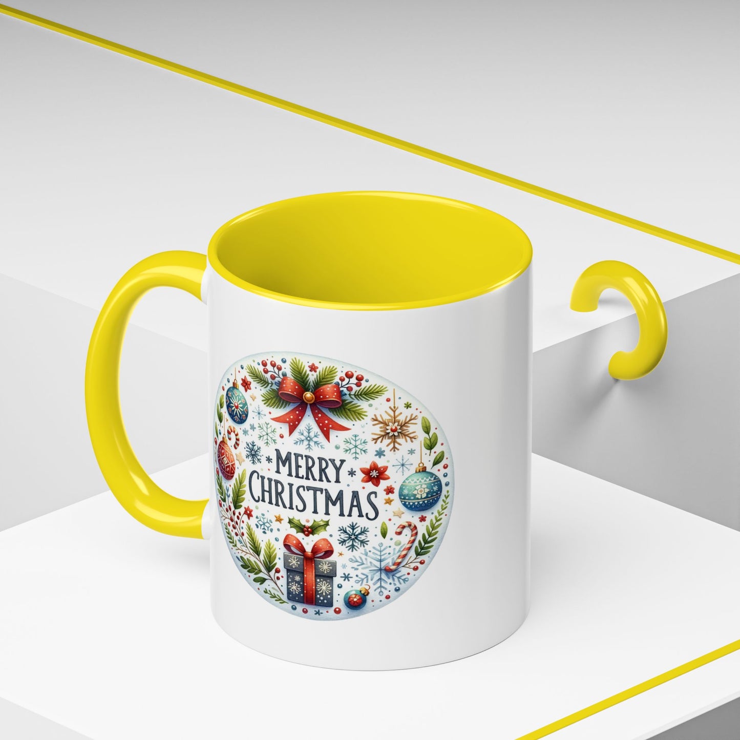 Christmas Mug - Merry Christmas Blue Text Bow Present Ornaments