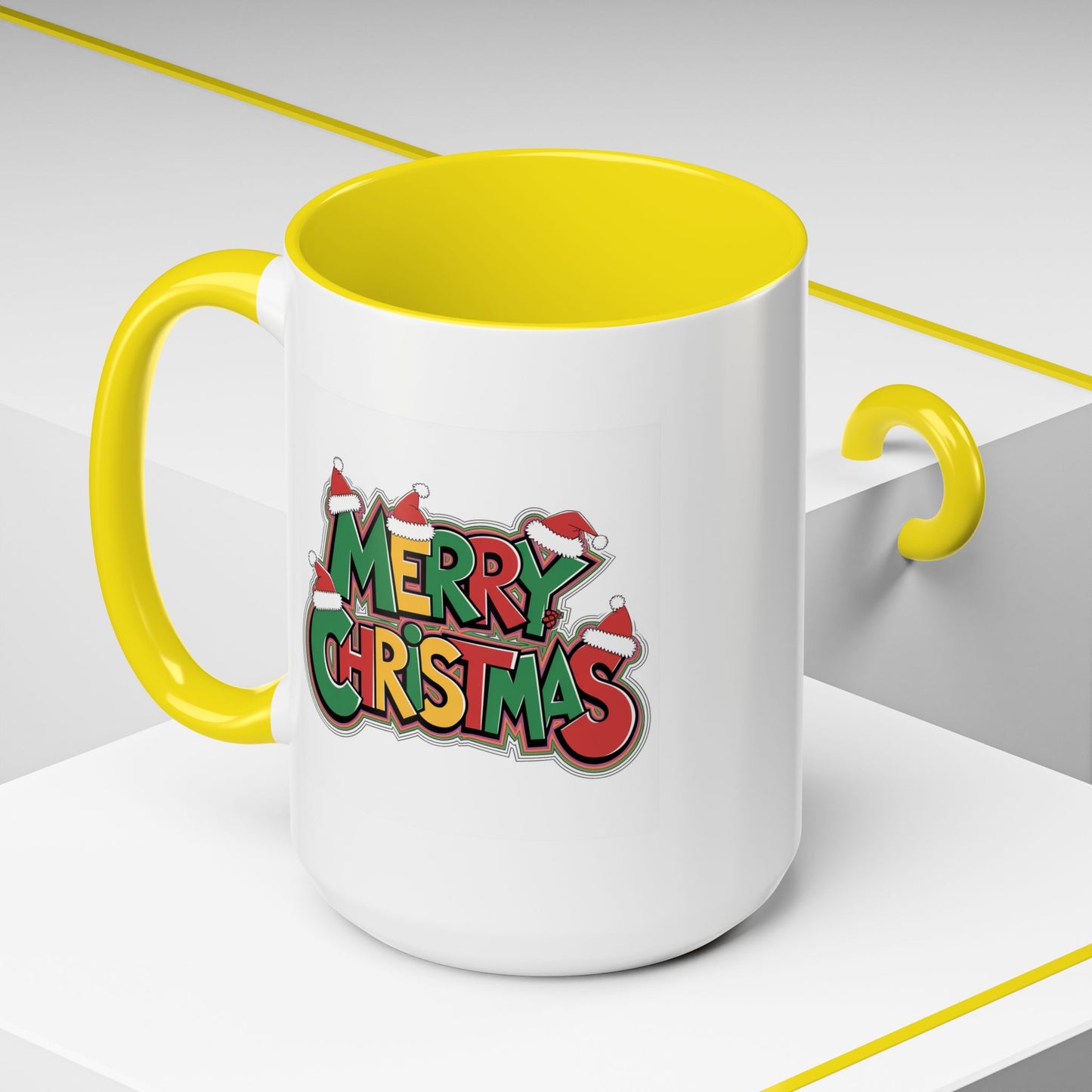 Christmas Mug - Merry Christmas Green Yellow & Red Text Hats