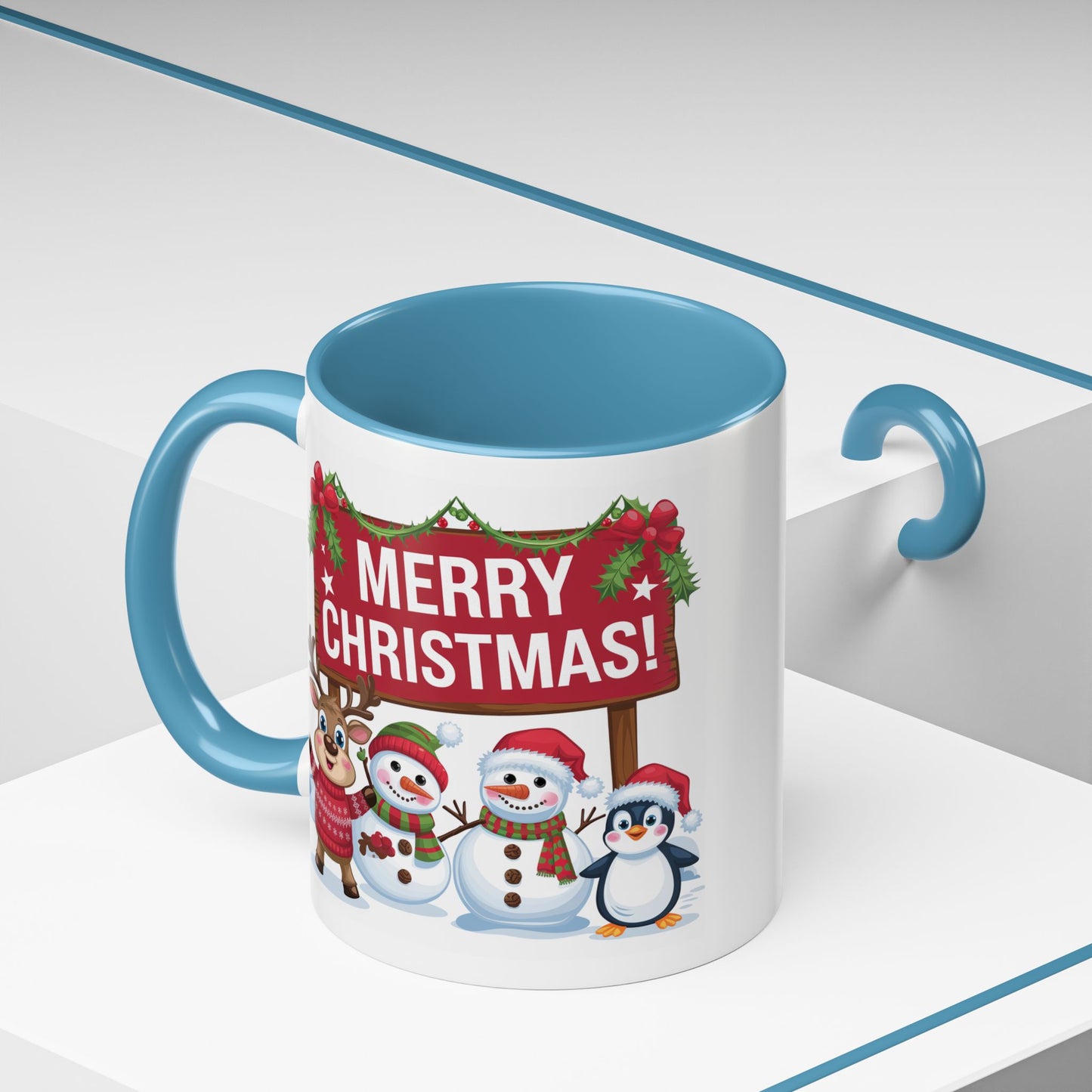 Christmas Mug - Merry Christmas White Text Reindeer Snowmen Penguin