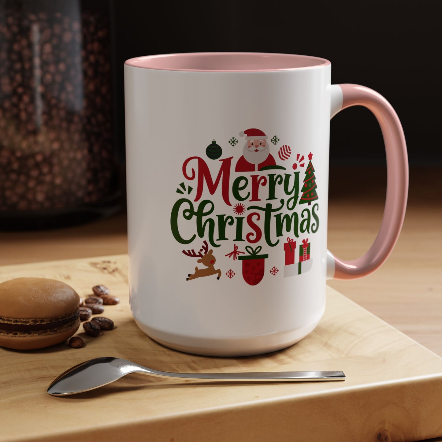 Christmas Mug - Merry Christmas Red & Green Text Santa Reindeer Tree Sleigh Ornaments