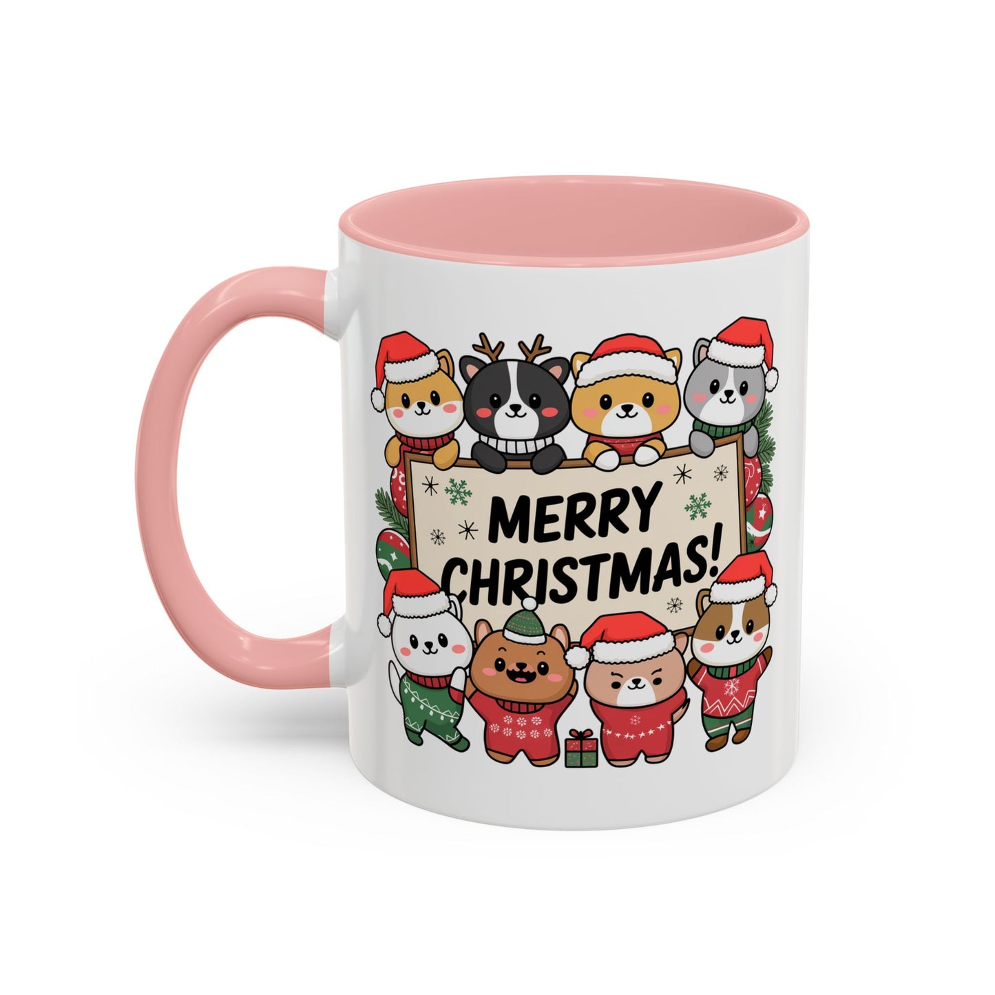 Christmas Mug - Merry Christmas Black Text Cute Animals
