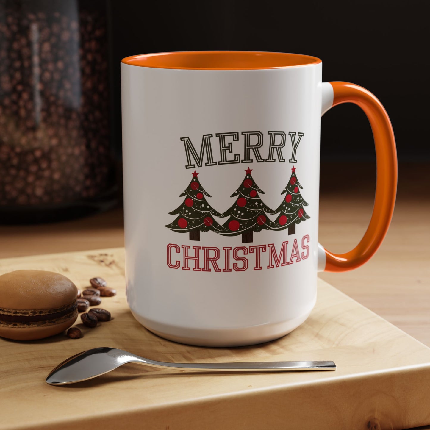 Christmas Mug - Merry Christmas Green & Red Text Decorative Trees