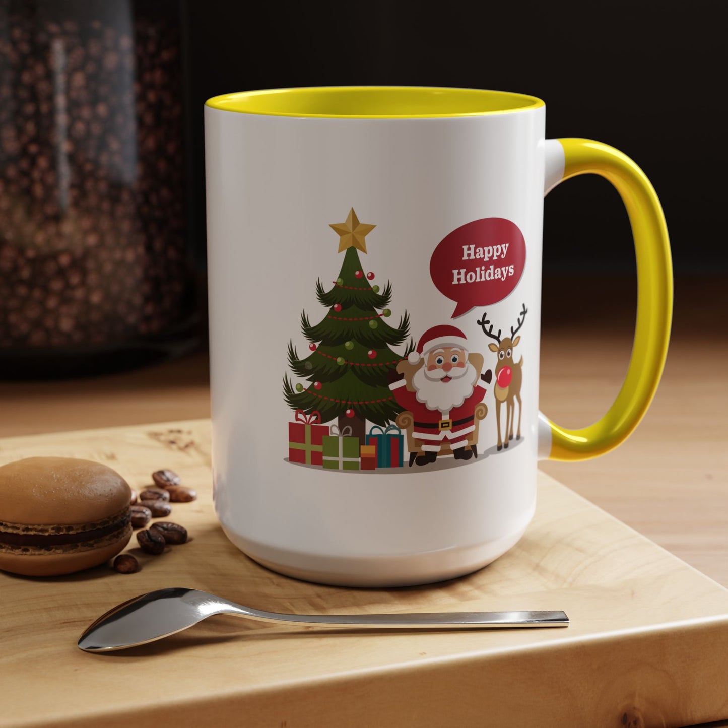 Christmas Mug - Happy Holidays Callout Santa Tree Presents Reindeer