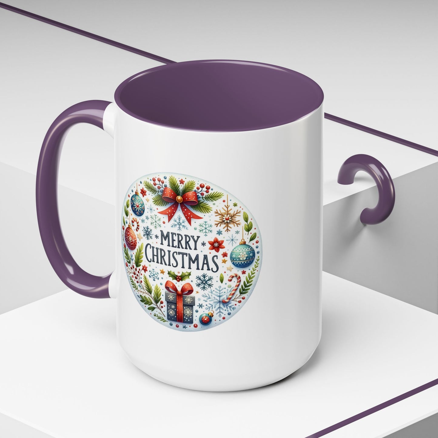Christmas Mug - Merry Christmas Blue Text Bow Present Ornaments
