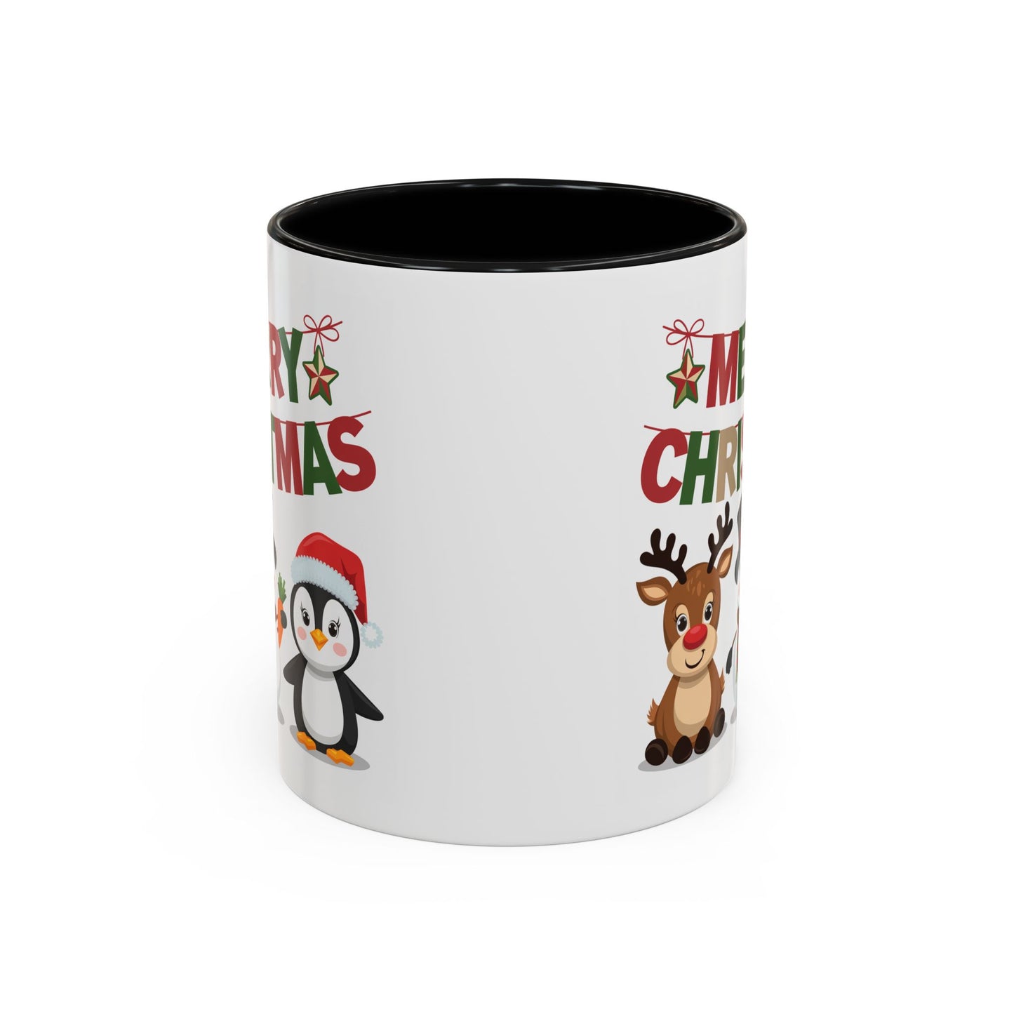 Christmas Mug - Red Green & Gold Text Reindeer Snowman Penguin