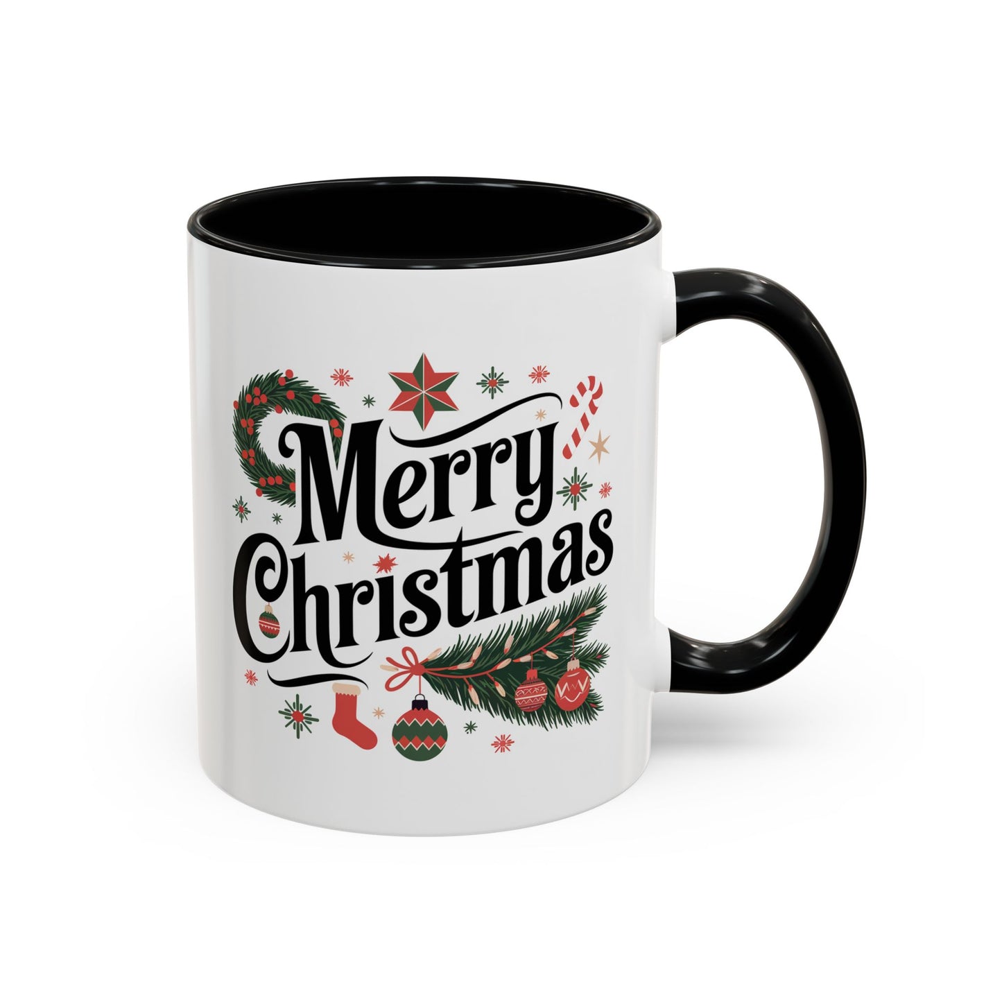 Christmas Mug - Merry Christmas Black Text Star Stocking Ornament Candy Cane