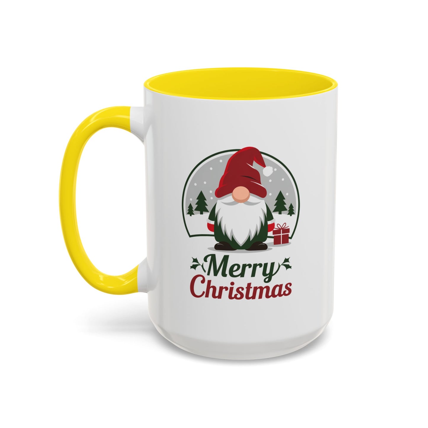 Christmas Mug - Merry Christmas Green & Red Text Gnome Present Trees