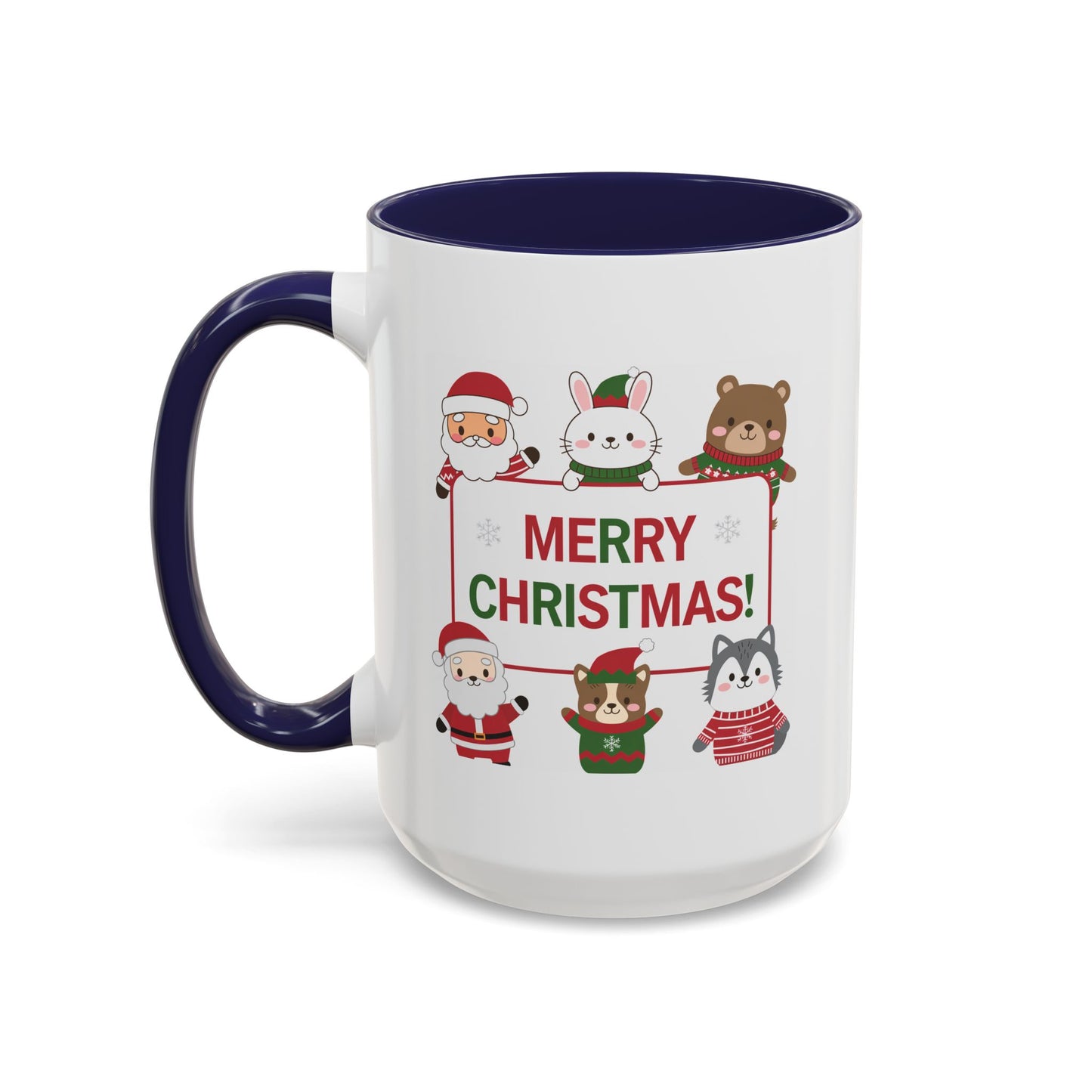Christmas Mug - Merry Christmas Red & Green Text Santa Cute Animals