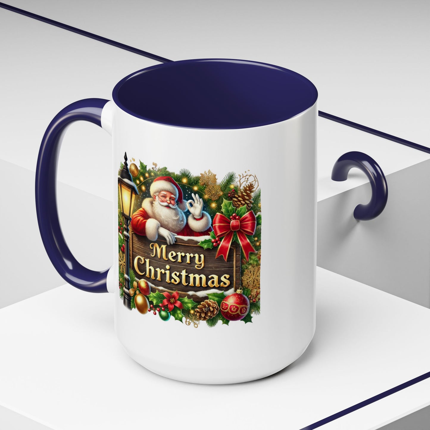 Christmas Mug - Merry Christmas Cream Text Santa Ok Light Bow Ornaments