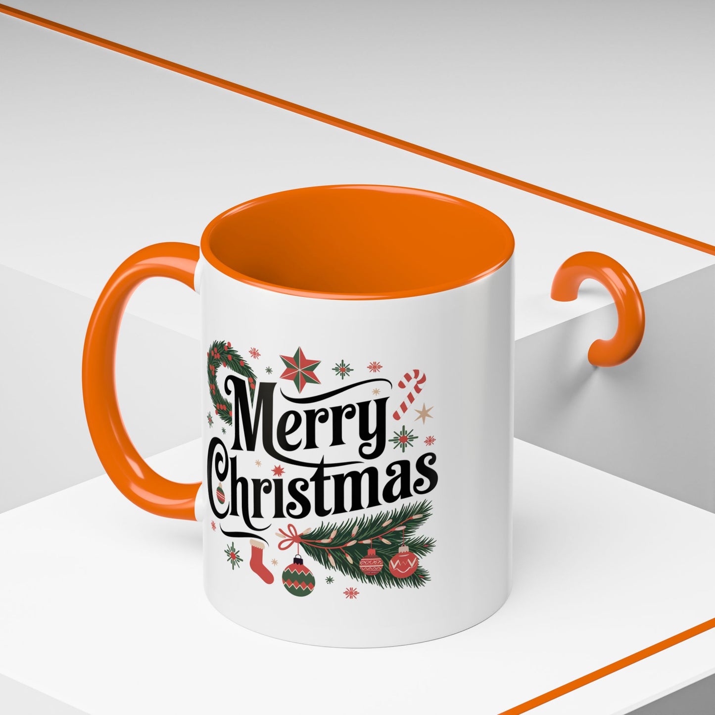 Christmas Mug - Merry Christmas Black Text Star Stocking Ornament Candy Cane