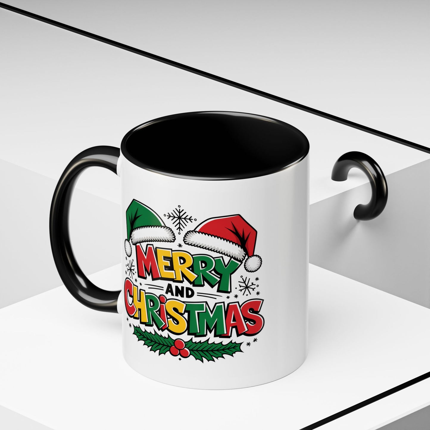 Christmas Mug - Merry Christmas Red Yellow & Green Text Green & Red Hat