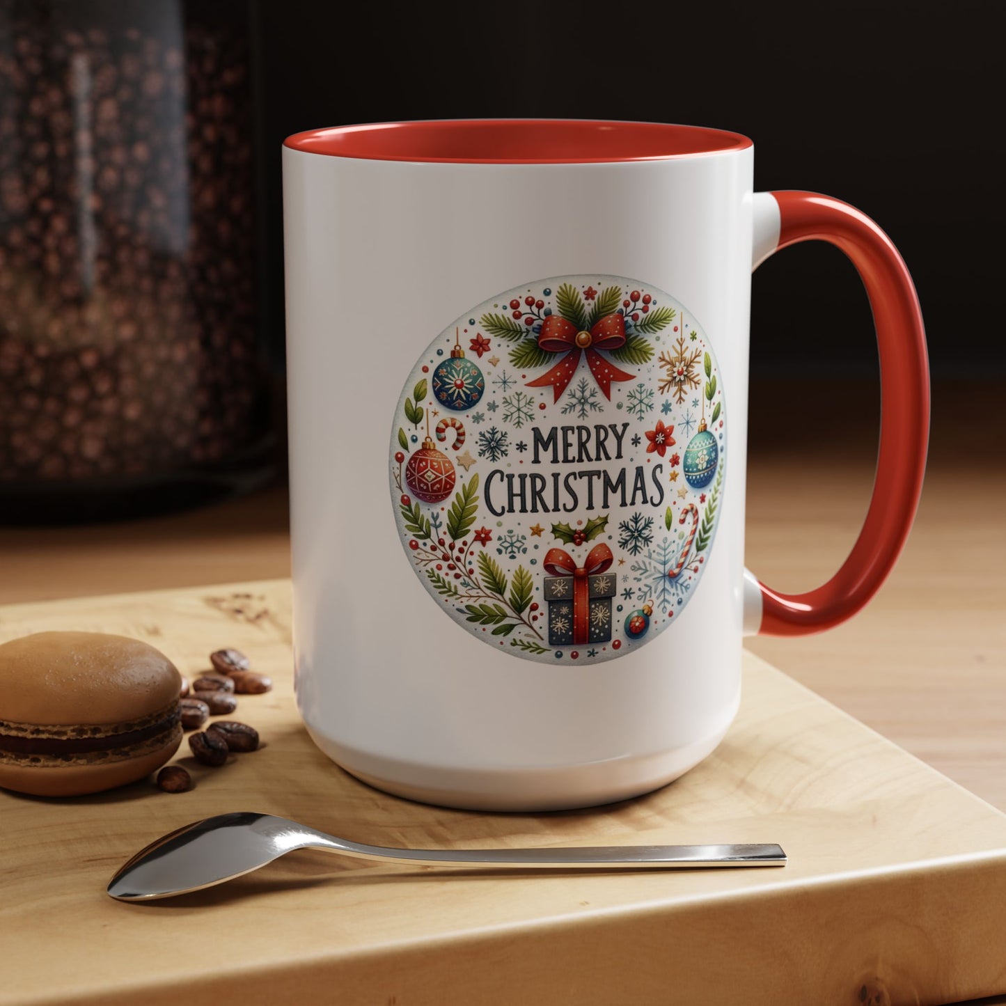 Christmas Mug - Merry Christmas Blue Text Bow Present Ornaments