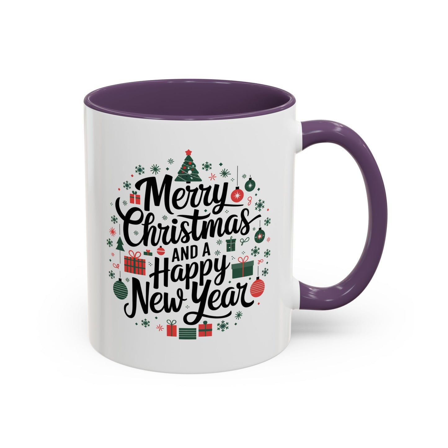Christmas Mug - Merry Christmas and a Happy New Year Black Text Tree Ornaments Presents