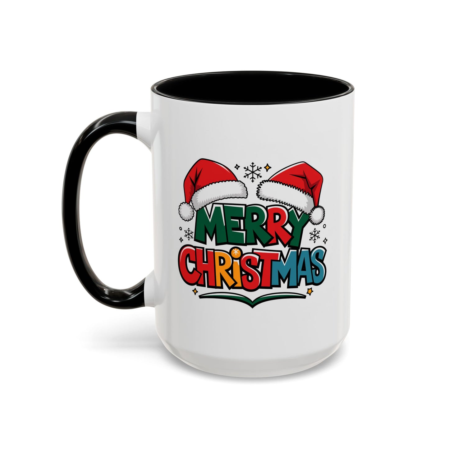 Christmas Mug - Merry Christmas Green Red Yellow and Blue Text Red Hats
