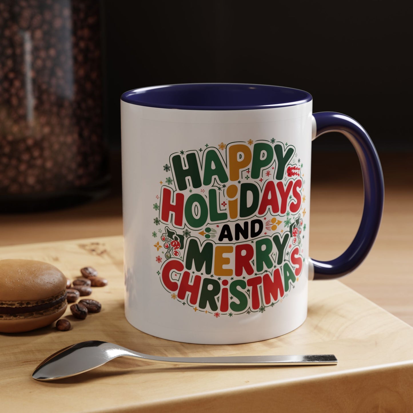 Christmas Mug - Happy Holidays and Merry Christmas Blue Green Yellow Red Text