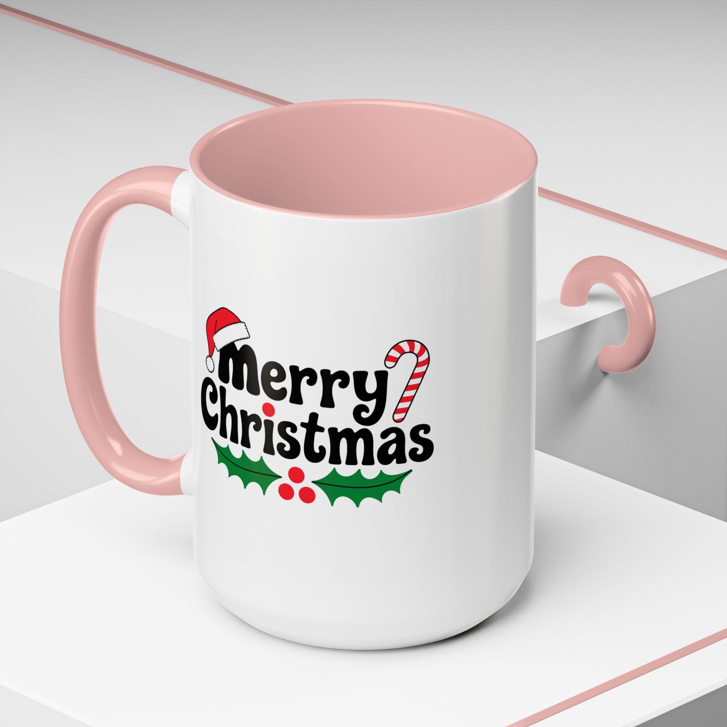 Christmas Mug - Merry Christmas Black Text Hat Candy Cane Mistletoe