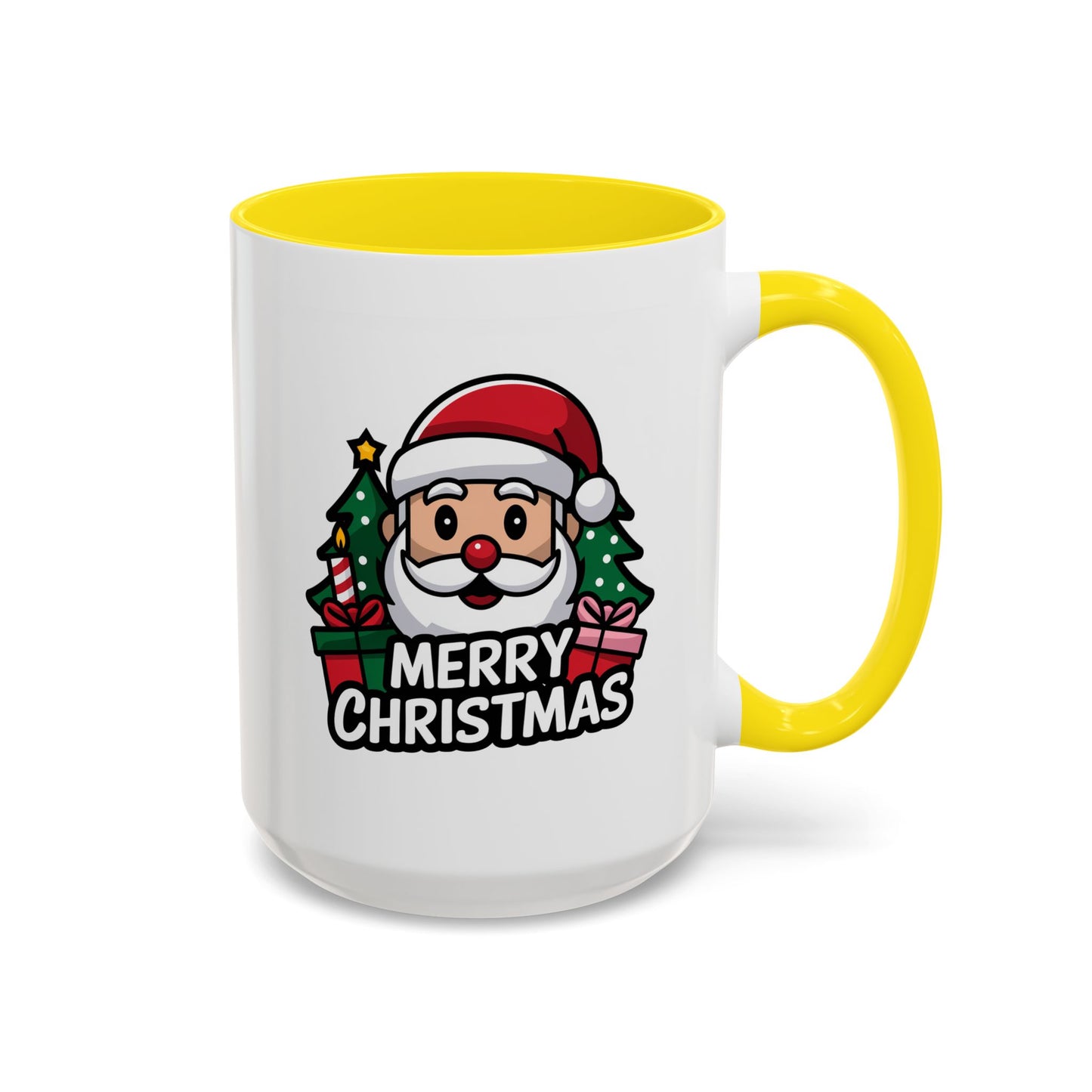 Christmas Mug - Merry Christmas White & Black Text Santa Trees Presents