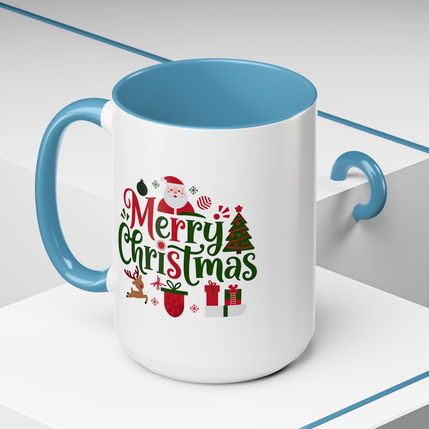 Christmas Mug - Merry Christmas Red & Green Text Santa Reindeer Tree Sleigh Ornaments