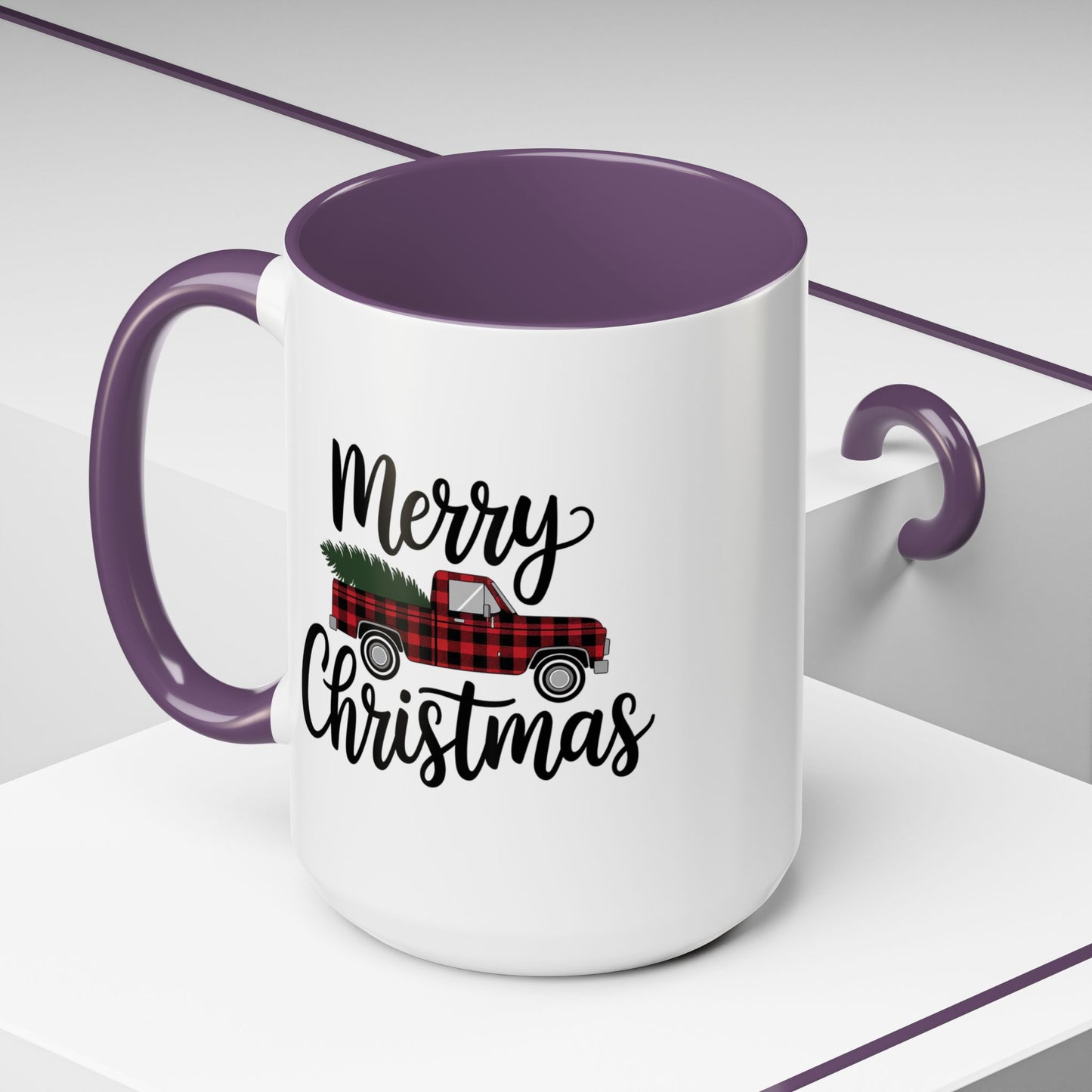 Christmas Mug - Merry Christmas Black Text Tartan Truck
