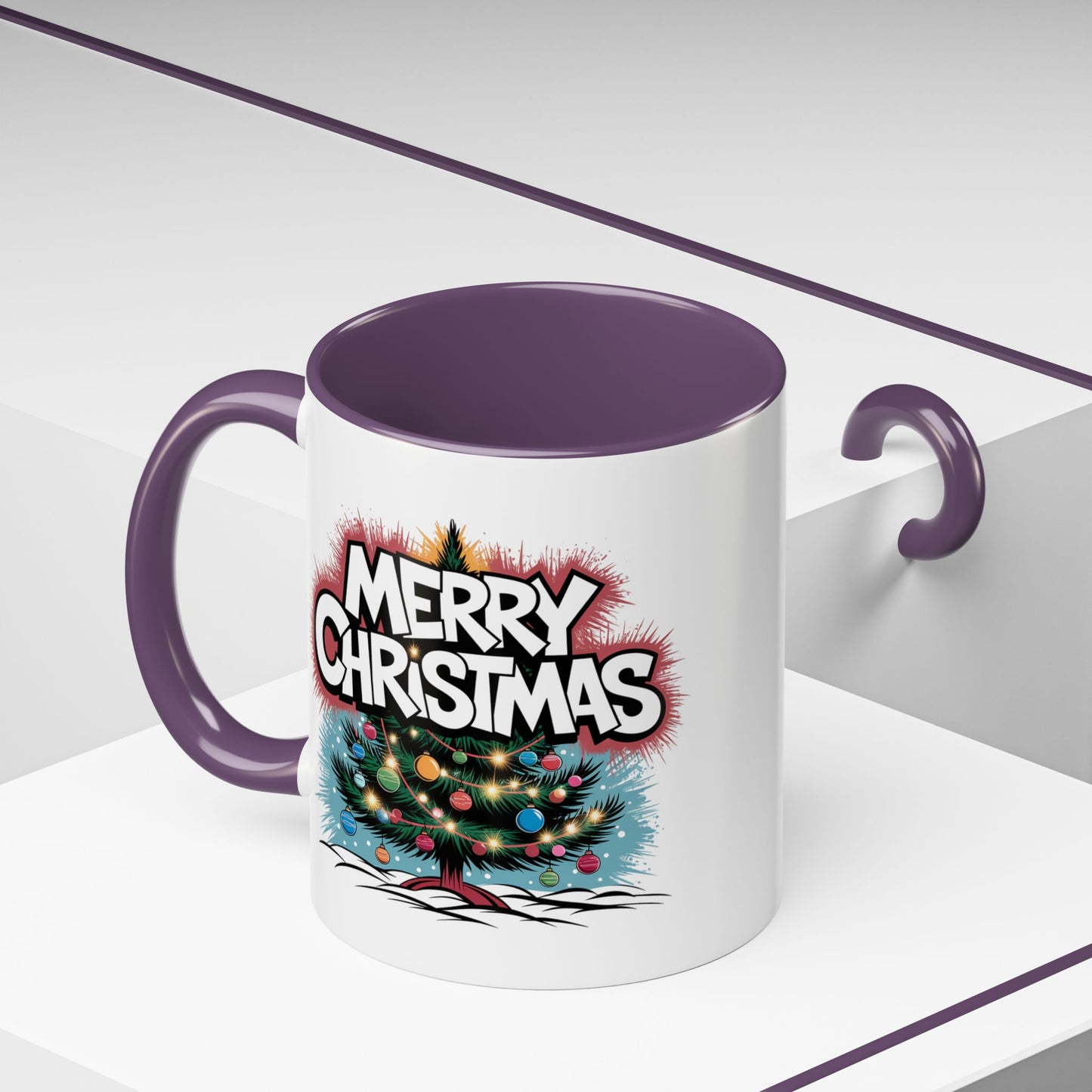 Christmas Mug - Merry Christmas White & Red Text Tree Lights