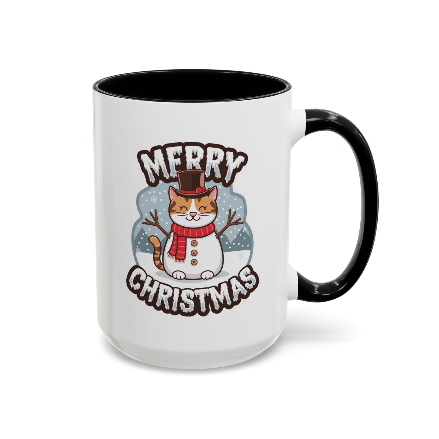 Christmas Mug - Merry Christmas Black & White Text Snowman Cat