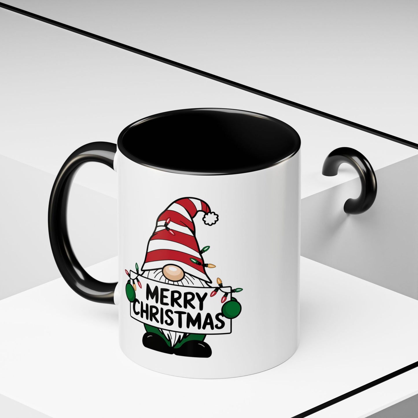 Christmas Mug - Merry Christmas Black Text Gnome Lights