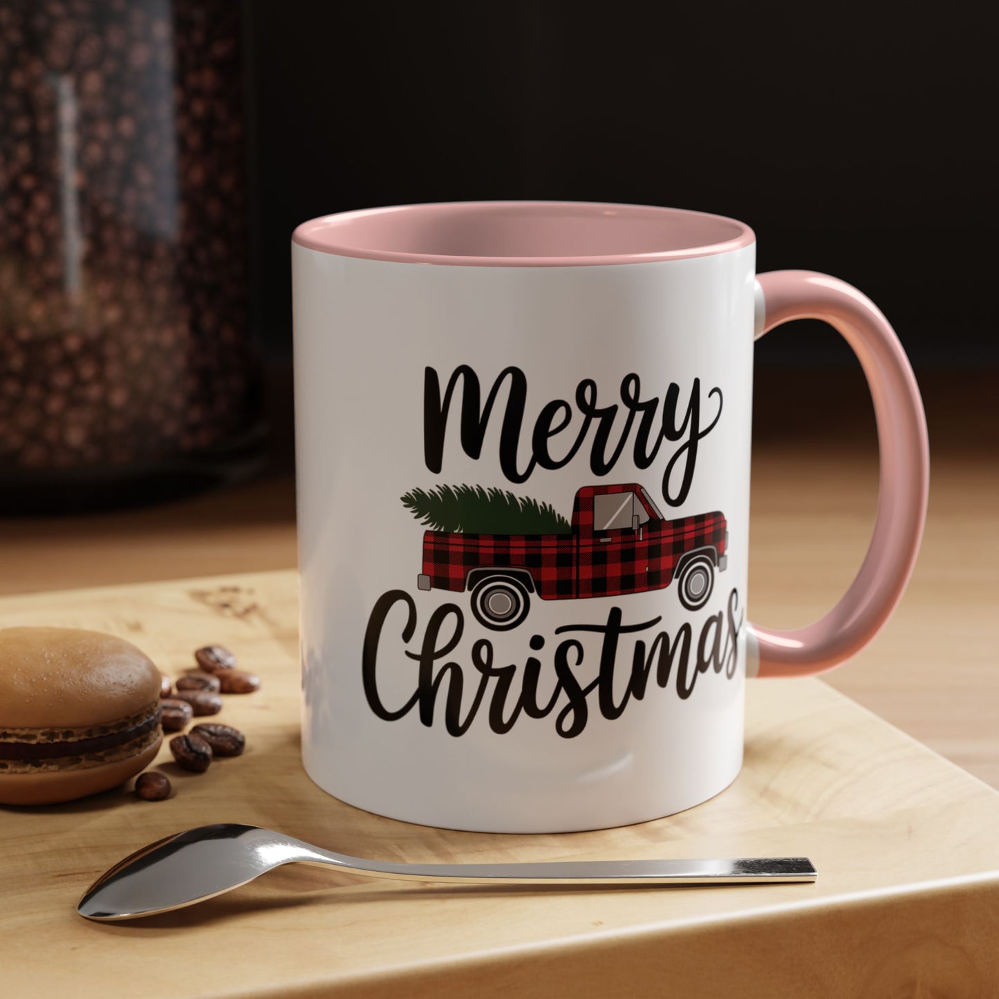 Christmas Mug - Merry Christmas Black Text Tartan Truck